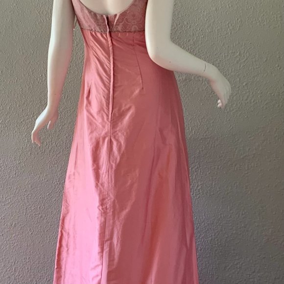 NOS Vintage WEDDING Pink SILK Empire Bridal DAMASK Formal Prom Dress XS - Picture 2 of 11